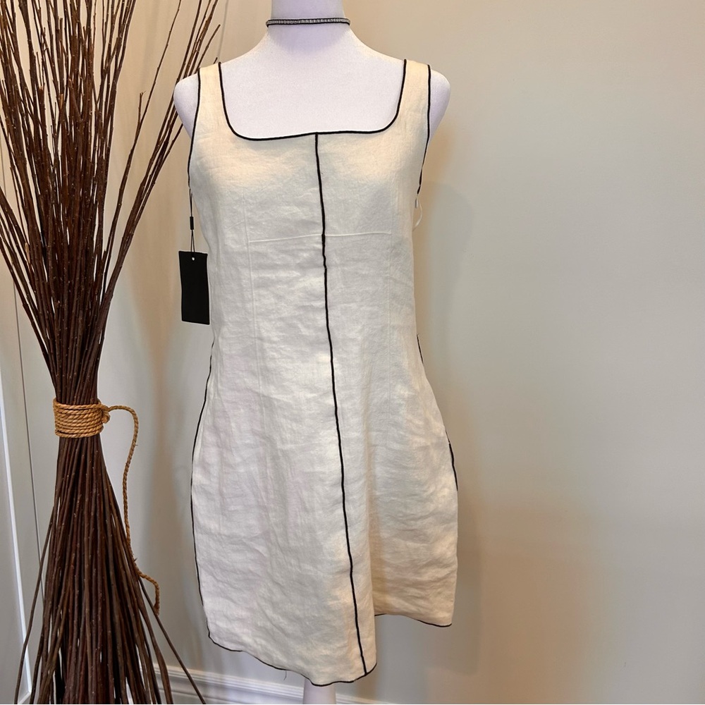 Massimo Dutti Linen Dress Sleeveless Off White with Brown piping NWT Minimalist